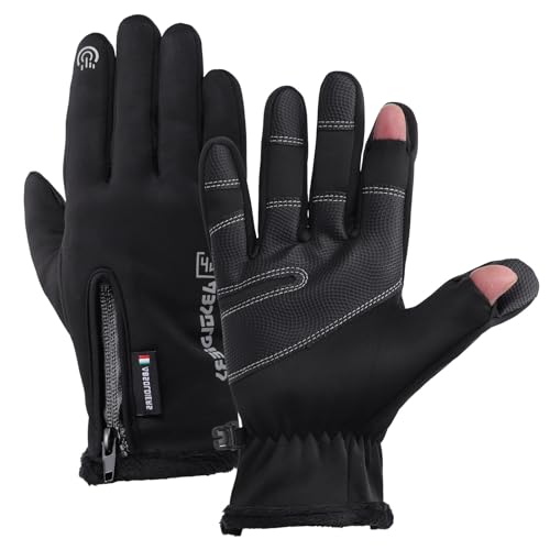 Fjquamitix Waterproof Winter Thermal Gloves with Finger Cap Fleece Lined Black Touchscreen Fingerless Fishing Gloves for Men Women with Zipper Suitable for Driving Motorbike Hiking (Black L)