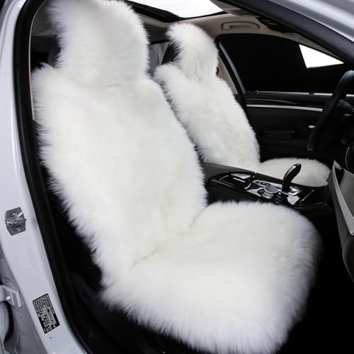 Image of AOGELAN Fluffy Sheepskin Car Seat Cover Long Wool Front Seat Cover Ivory