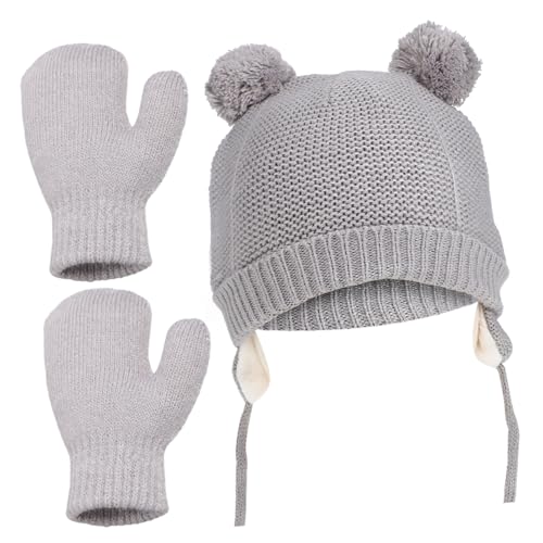 VANZACK Toddler Winter Hat Mittens Set Boys Girls Knit Hat Gloves Warm Fleece Lined Grey