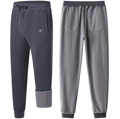 YuKaiChen Jogginghose Herren Fleece Warme Gefütterte Trainingshose Stretch Sporthose Winter Verdickte Sweathose mit Reißverschluss Taschen Grau Größe M