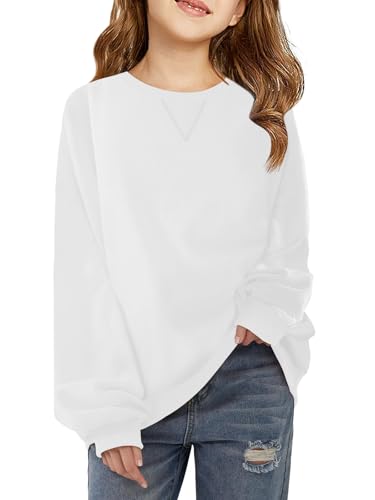 Haloumoning Girls Casual Crewneck Sweatshirts Kids Long Sleeve Oversized Fashion Pullover Tops 5-14 years White
