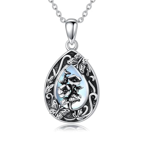 PROESS Birth Flower Necklace S925 Sterling Silver Birth Pendant Teardrop Moonstone Necklace Floral Butterfly Floral Jewelry for Women Mom Birthday Gift