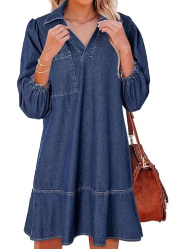 Women's Collared V Neck Denim Dress 3/4 Sleeve Casual Loose Babydoll 2025 Short Jean Dress