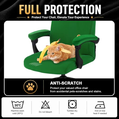 Image of Stretch Computer Office Chair Cover with Armrest Covers Durable Zipper Universal Washable Removable Spandex Rotating Boss Chair Slipcovers Anti-dust Soft Desk Chair Seat Protector (Green)