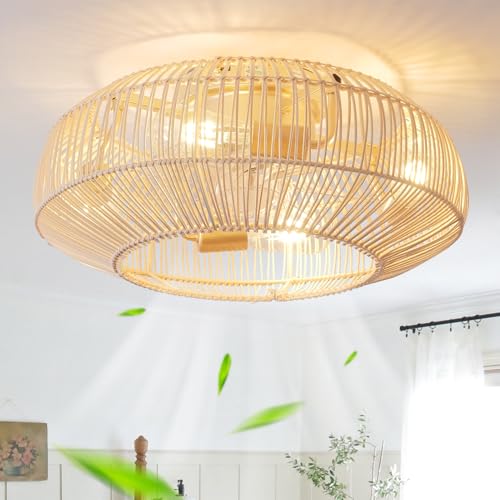 20'' Boho Rattan Ceiling Fan with Light, Coastal Caged Ceiling Fans with Lights and Remote Control, Enclosed Hidden Flush Mount with Reversible 6 Speeds for Living Room Bedroom Nursery