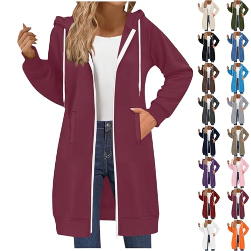 Long Hoodies for Women,Zip Up Double Zipper Fleece Jacket Tunic Sweatshirts Fall Winter Fashion Clothes with Pockets