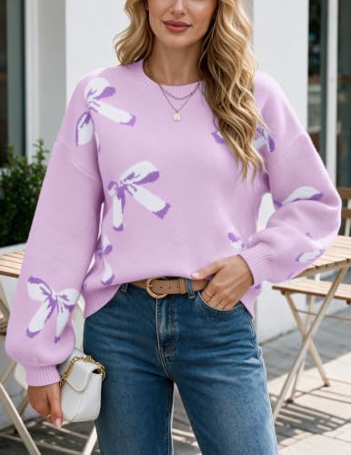Image of Libsorge Womens Oversized Cute Bows Crewneck Pullover Sweater | Fall Winter Trendy Long Shoulder Balloon Sleeve Cozy Knit Baggy Printed Dressy Casual Valentines Day Vintage Sweaters