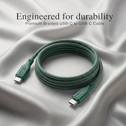 Image of PHILIPS DLC4160CT /94 65W Type-C to Type-C Fast Charging Cable (2m, Crystal Teal) | Nylon Braided | Compatible with iPhone 15+ Series, USB-C iPad Models, Samsung Galaxy & All Type C Devices