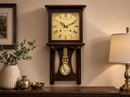Image of Premium Wooden Pendulum Wall Clock with Musical Chime Sound, Roman Figure Golden Dial, Silent Sweep Quartz Movement, Classic Brown Finish, Battery Operated Decorative Wall Clock (22 x 11 x 3.5 Inch)