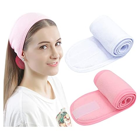 Spa Headband, Spa Facial Headband, Make-up Headbands for Women and Girls, 2 Pack Head Wrap Adjustable Microfibre Towel Headband for Bath Sports Spa Yoga (Pink+White) Cover