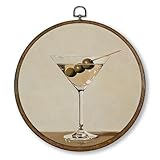 Qskjre Trendy Martini Wall Art Bar Cart Decor, Funky Cocktail Aesthetic Round Wood Framed Canvas Wall Artwork, Vintage Olive Martini Hanging Prints for Bedroom Apartment Kitchen Decorations 10'x10'