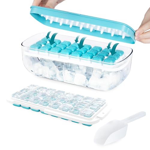 Image of LIVIVO Ice Cube Tray with Lid and Storage - Easy Press Release, BPA Free 48 Ice Cube Moulds and 2 Trays with Dispenser, Ice Bucket & Scoop - Reusable Ice Tray for Freezer (Blue)