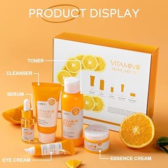 Vitamin C Skincare Set for Teenage Girls, 5-In-1 Skin Cleaning & Care Travel Size Kit With Cleanser, Toner, Face Serum, Eye Cream, Face Cream