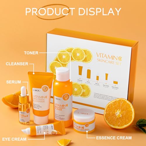 Vitamin C Skincare Set for Teenage Girls, 5-In-1 Skin Cleaning & Care Travel Size Kit With Cleanser, Toner, Face Serum, Eye Cream, Face Cream