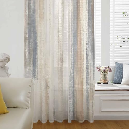 Blue Brown Ombre Sheer Curtains 84 Inches Long for Living Room/Bedroom, Modern Geometric Oil Painting Abstract Art Rod Pocket Volie Kitchen Curtains & Drapes Window Treatment 1 Panel, 52'W x 84'L