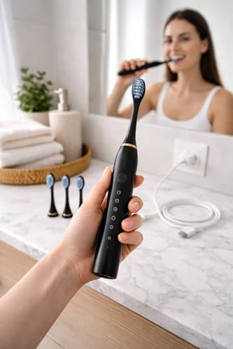 Image of Aura Essentials Sonic Electric Toothbrush for Adults & Kids | 5 Cleaning Modes | 34000 Strokes /Min | USB Rechargeable | 4 Brush Heads | Waterproof IPX7 | Deep Cleaning Electric Tooth Brush