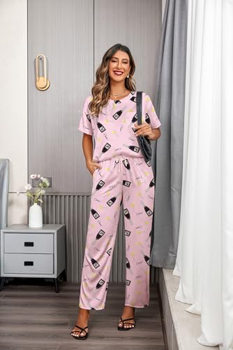 Image of Ekouaer Womens Satin Silky Pajama Set Short Sleeve Shirt with Long Pajama Pant Set Soft PJ Loungewear