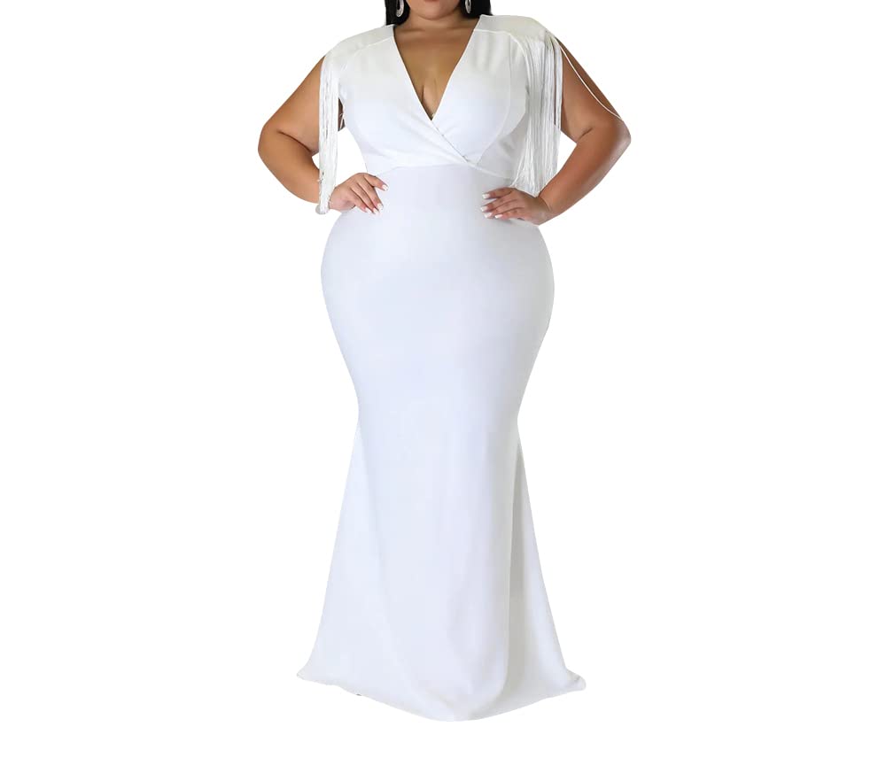 CololuraWomen's Elegant V Neck Tassels Plus Size Fishtail Floor-Length Bodycon Evening Maxi Dress Formal Party Dress