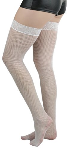 Image of ToBeInStyle Women's Wide Floral Lace Fishnet Thigh Hi Stockings