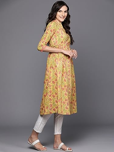 Image of INDO ERA Women's Cotton Regular Fit Floral Printed A-Line Kurta (23ERE3876)