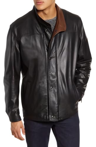 Men's Black Leather Bomber Jacket with Brown Collar, Zipper Closure, and Button Detailing.