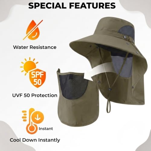 Image of Kraptick Headwear Hats - Lightweight Sun Hat with Detachable Face Cover Foldable Boonie Cap for Travel, UV Protection Summer Cap & Chin Strap with Adjustable Toggle for Secure Fit (DMUG893-A-VV)