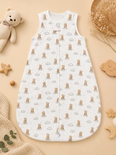 Image of TuddyBuddy Baby Cotton Wearable Quilted Sleeping Bag Blanket 1.5 Tog with 1 Way Zipper Closure | Ideal for Babies & Kids Hypoallergenic Fabrics | (Teddy AOP - Ribbed White, 12-18 Months)