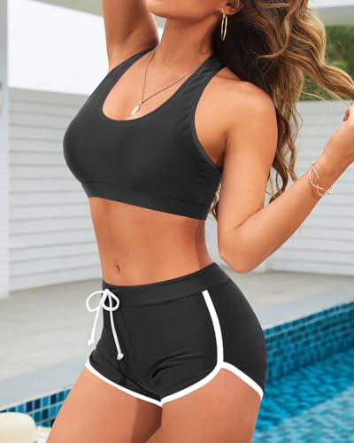 Image of Women Two Piece Sporty Bikini Set Athletic Swimsuits with Boy Shorts Bottom | Racerback, Crop top, Drawstring, Bathing suits, Mid Rise, Padded bra, Full lining, Scoop neck, Full coverage