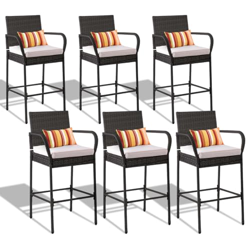 Image of Sundale Outdoor Wicker Bar Stool Set of 6, Patio Counter Height Pub Chair with Arms, High Top Rattan Barstool, Cushion Beige, All-Weather Outdoor Rattan Furniture (Gray&Beige, Small Seat - 6 Stools)
