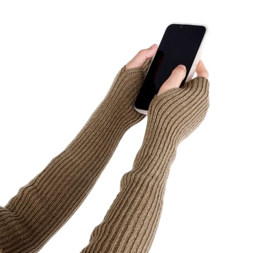 Lystaii Arm Warmers Women Long Sleeve Fingerless Gloves Y2K Knit Mitten Winter Arm Sleeves for Cool Girls Cute Kawaii Japanese with Thumb Hole Gloves (khaki)
