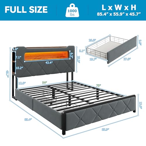Image of Jocoevol Full Upholstered LED Bed Frame with 2 Storage Drawers and 2-Tier Storage Headboard, Velvet Platform Bed with Charging Station & Bookcase, Heavy Duty Metal Support, No Box Spring Needed, Grey