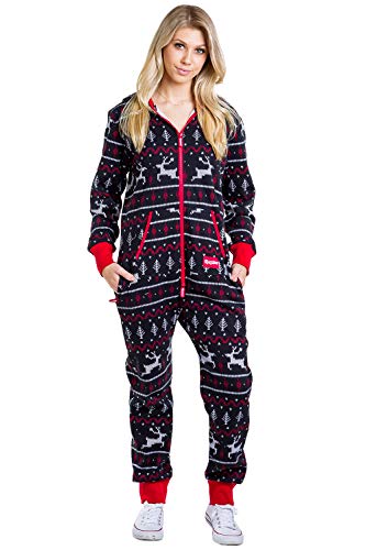 Women's Black and Red Fair Isle Reindeer Jumpsuit - Ugly Christmas Sweater Party Adult Onesie: X-Large