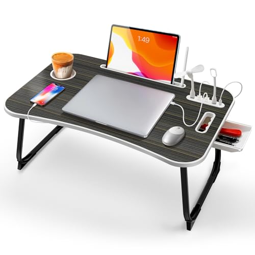 ICARE Mesa Cama, Mesa Portatil Ordenador con 4 USB, Tableta Soporte, Asa, Cajón, Portavasos, Bandeja para Cama, Sofa, Suelo (60x40cm, Negro)