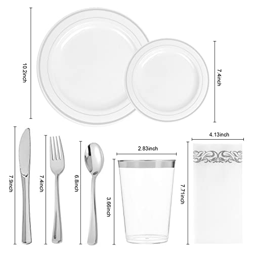 Bayzz 175Pcs Silver Dinnerware Set, 50 Silver Lace Design Plastic Plates - 25 Silver Plastic Silverware - 25 Silver Cups - 25 Linen Like Silver Napkins, 25 Guest Disposable Dinnerware Set,For Wedding #TOP1