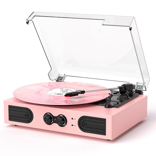 Image of Vinyl Record Player with Built-in Speakers 3-Speed Vintage Record Player Support Treble& Bass Control, 3.5mm Headphone Jack, RCA-Out /Aux in, Belt-Driven LP Turntable,Pink