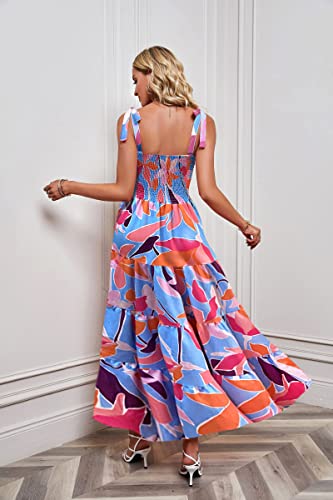 Image of kinstell Women's Summer Boho Spaghetti Strap Square Neck Ruffle Casual Flowy Long Dress Beach Swing Party Maxi Dress