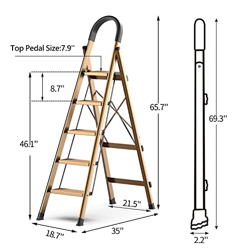Image of SOLADDER 5 Step Ladder, Folding Step Stool for 10 Foot High Ceiling with Handgrip and Anti-Slip Wide Pedal, Portable Lightweight Aluminum Stepladder for Home, Office (300 lbs Capacity) - Brown Gold