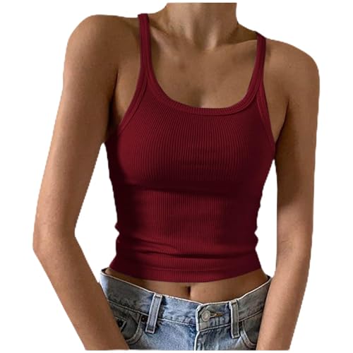Chaleco sin mangas para mujer, de verano, cuello redondo, informal, con tiras, para gimnasio, entrenamiento, punto acanalado, cómoda, para vacaciones, salir, camiseta básica, 02 Vino, L