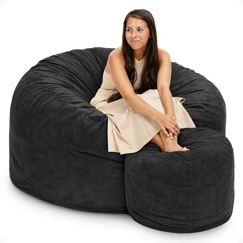 Image of ULTIMATE SACK 5000 5-Foot Bean Bag Chair with Footstool, Black Suede Cover - Oversized Foam Lounger, Floor Seat, Small Sofa, or Couch Bed for Living Area, Gaming Room, or Reading Lounge