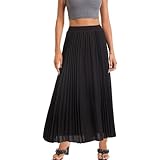 TEERFU Womens Elastic High Waist Long Pleated Skirt Tiered Boho Swing A line Beach Maxi Skirt Black