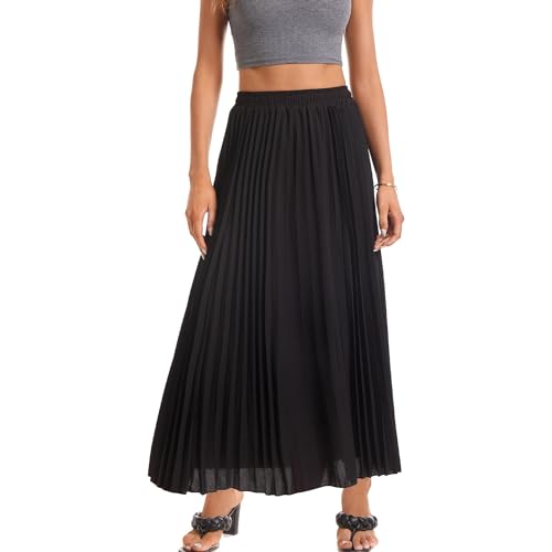 Womens Elastic High Waist Long Pleated Skirt Tiered Boho Swing A line Beach Maxi Skirt