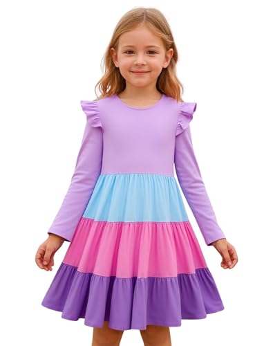 Girl Long Sleeve Dress Ruffle Rainbow Color Block Cotton Casual Tiered Pleated Twirly Dress