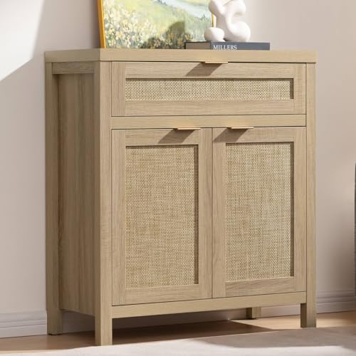 SICOTAS Sideboard Buffet Storage Cabinet, Rattan Accent Cabinet with Doors and Drawer, Boho...