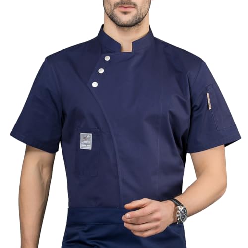 LIXSAZSE Chaqueta de de manga corta, delantal cocina con bolsillos delanteros, ropa, suministros cocina estilo Simple para restaurante a la parrilla, Azul, METRO