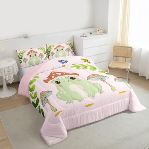 Image of Feelyou Cute Frog Duvet Set Mushroom Bedding Set for Kids Boys Girls Natural Wild Fungus Comforter Set Botanical Plants Comforter 1 Comforter Set with 2 Pillowcases King Size