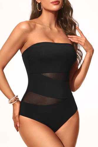 Holipick Women Strapless One Piece Swimsuit Tummy Control Bandeau Bathing Suit Mesh Cutout Swimwear3