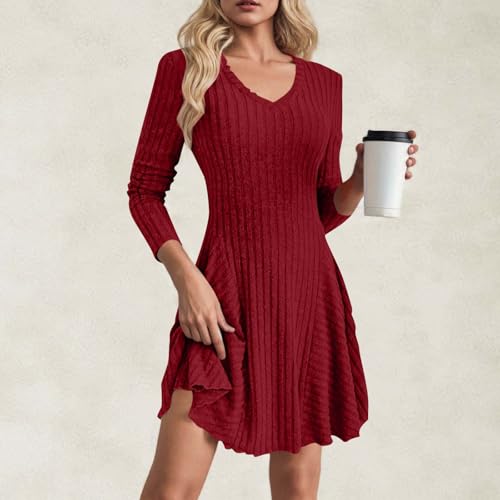 Maayoae Women's Ruffled V‑Neck 3/4 Length Sleeve Ribbed Knit Dress Flowy Flare Hem Sweater Dress - image 2