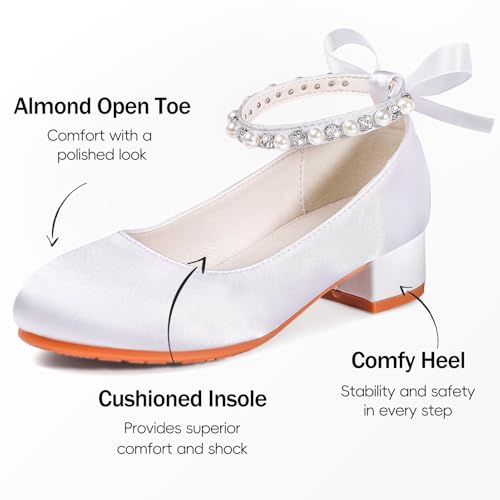 MEJORMEN Girls Dress Shoes Flower Mary Jane Heels Bow Pearl Ankle Strap Pumps Wedding Party Princess Back to School Flats by MEJORMEN - Used condition - Image 5