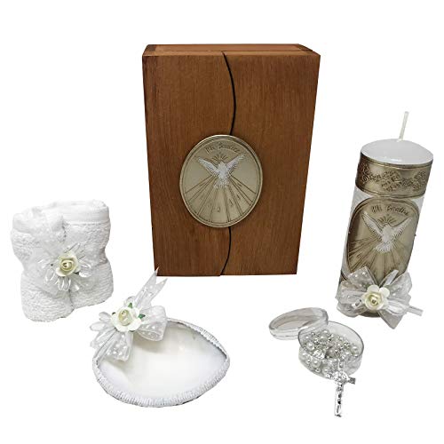 Arcangeles Mexicanos Catholic Baptism Candle Set in a Wooden Box with Towel, Candle, Rosary and Shell for Baby Boys and Girls. Handmade in Mexico