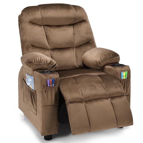 Image of Kids Recliner, Velvet Fabric Kids Recliner Chair w / 2 Cup Holders